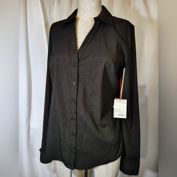 Elle TAG Button Down Shirt, Women,Collar Roll Tab/Long Sleeves, Blck, Stretch,XS - Picture 1 of 12
